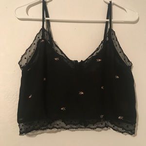 Black lace with pink flowers crop Top